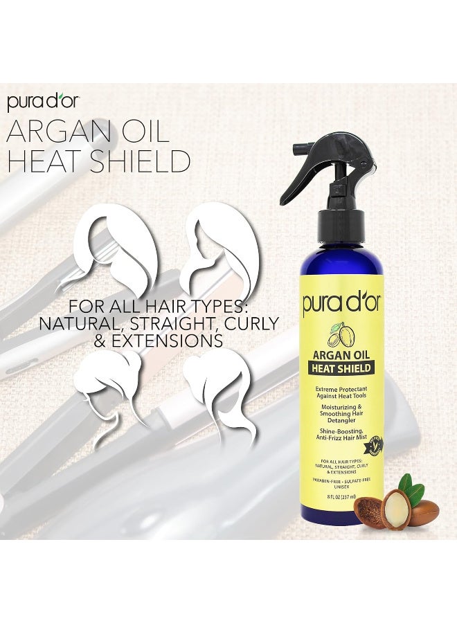 PURA D'OR 8 Oz Argan Oil Heat Shield Protectant Spray with Select Organic Ingredients, Protects Up To 450º F From Flat Iron & Hot Blow Dry, Leave-In, Define & Shine Dry & Damaged Hair - Image 2